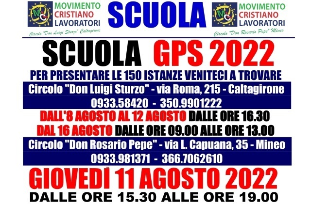 Scuola GPS 2022. Per presentare le 150 istanze ci si può recare presso le sedi MCL di Caltagirone e Mineo. Ecco quando